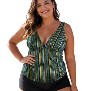 Ashley Stewart Tankini Top Womens Size 16 Green Striped Beach Swim Bathing Suit